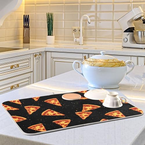 Dish Drying Mat for Kitchen Counter Pizza Cheese Black Absorbent Drying Dish Mat 18×24 inch Dish Rack Pad Coffee Mat for Sink Dishes Under Rack - size: 18x24in