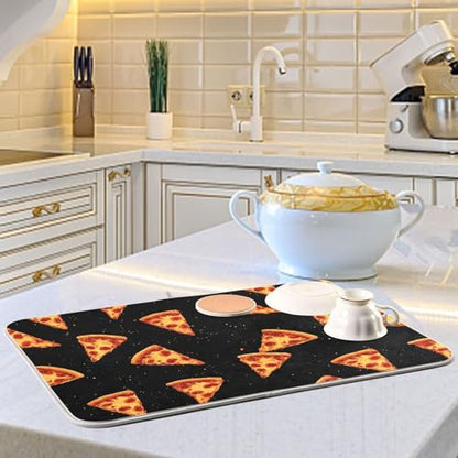 Dish Drying Mat for Kitchen Counter Pizza Cheese Black Absorbent Drying Dish Mat 18×24 inch Dish Rack Pad Coffee Mat for Sink Dishes Under Rack - size: 18x24in
