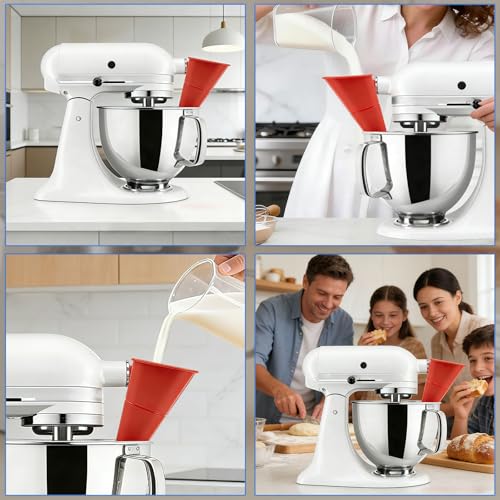 Silicone Flour Funnel for KitchenAid 5Qt Mixer, Wide-Mouth splashproof Design, Also for tilt Mixers 4.5 & 5 Quart (KSM150), Dishwasher Safe, an Essential Baking Tool(red)