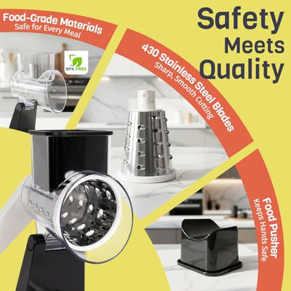 Rotary Cheese Grater, Upgraded Hand Crank Cheese Shredder with 3 Interchangeable Blades, Multi-purpose Kitchen Slicer Shredder for Cheese, Vegetable, Fruit, Nuts, Easy to Use & Clean, Black - color: Black