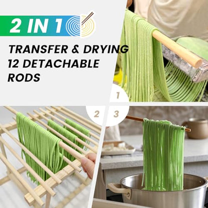 Pasta Drying Rack, Wooden Noodle Drying Rack for Pasta with 12 Detachable Rods & Fixed Grooves, Effortless Pasta Transfer, Holds Short/Long Noodles