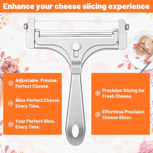 Adjustable Wire Cheese Slicer, Handheld Stainless Steel Cheese Cutter for Block Cheese with 8 Replacement Wires & Wrench, Rolling Cheeses Slicer for Block Butter Cutter