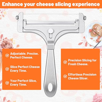Adjustable Wire Cheese Slicer, Handheld Stainless Steel Cheese Cutter for Block Cheese with 8 Replacement Wires & Wrench, Rolling Cheeses Slicer for Block Butter Cutter