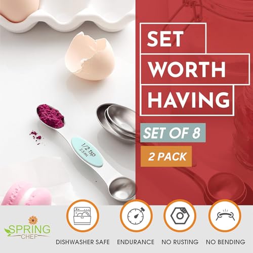 Spring Chef Stainless Steel Magnetic Measuring Spoons Set of 8 with Leveler, Metal Teaspoon & Tablespoon Measuring Spoons, Fits in Spice Jars, Kitchen Gadgets for Baking & Cooking - Set of 2 - Mint - color: Mint, size: 2-Pack