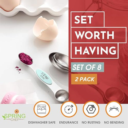 Spring Chef Stainless Steel Magnetic Measuring Spoons Set of 8 with Leveler, Metal Teaspoon & Tablespoon Measuring Spoons, Fits in Spice Jars, Kitchen Gadgets for Baking & Cooking - Set of 2 - Mint - color: Mint, size: 2-Pack