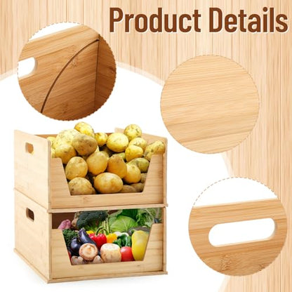AceOrbit 2 Pack Bamboo Pantry Organizers Storage Bins Large Stackable Open Front Potato and Onion Storage Baskets Foldable Kitchen Counter Organizer for Pantry Food Organization,12.8 x 15.8 x 7.4 Inch