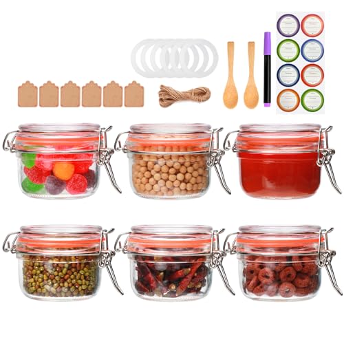 5 oz Glass Jars with Lids, 6 Pack Small Glass Jars with Airtight Lid | Mini Glass Food Storage Container, Glass Spice Jars with Airtight Lids for Kitchen Canning, Honey, Nuts, Snacks, Jelly - size: 5oz*6-cylinder