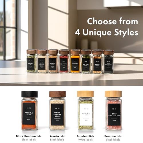 EDELHAUS Glass Spice Jars with Label, 36x Acacia Wooden Lids - Black Labels | Airtight acacia lids keep spices fresh; use as a spice organizer, seasoning containers or 4 oz jar set; funnel & 240 labels - color: 36x Acacia Jars Black Stickers