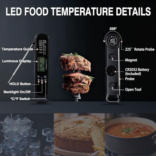 Meat Thermometer Digital with High Precision LED, IP67 Waterproof, Instant Read Food Thermometer for Air Fryer, Oven, BBQ & Kitchen