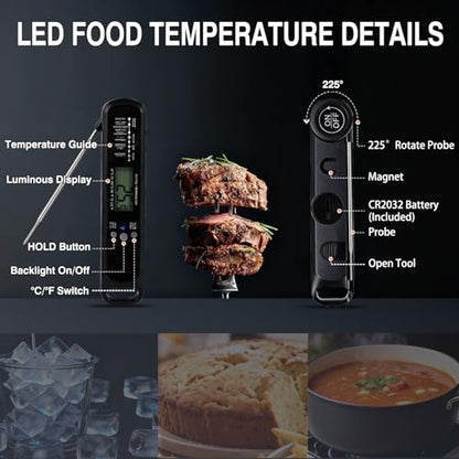 Meat Thermometer Digital with High Precision LED, IP67 Waterproof, Instant Read Food Thermometer for Air Fryer, Oven, BBQ & Kitchen