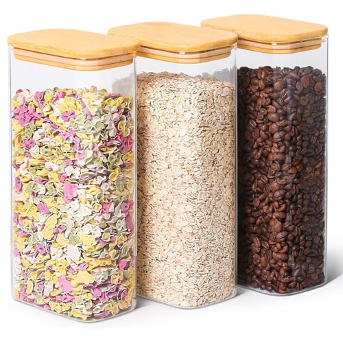 ComSaf 2 Qt Rectangle Glass Storage Containers with Lids, Glass Jars with Bamboo Lids, Clear Food Jar, Square Canister Set of 3, Pantry Organizers and Storage for Flour Pasta Coffee Bean - size: 2 Qt-3Pcs