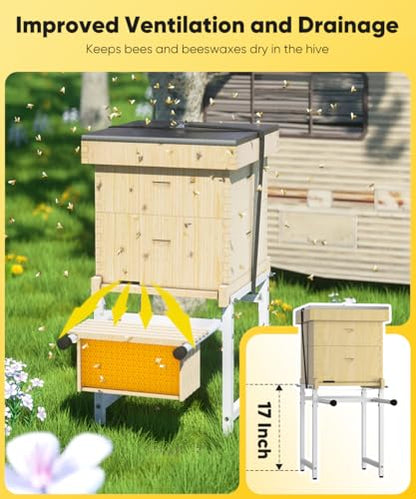 Mondazie Adjustable Metal Bee Hive Stand with Detachable Beehive Frame Holder for 8 & 10 Frame, 12 to 19 Inches Width Flow Hives Stand with 120-Inches Strap, Flowhive Stands Base for Beekeeping, White - color: White - With Frame Holder
