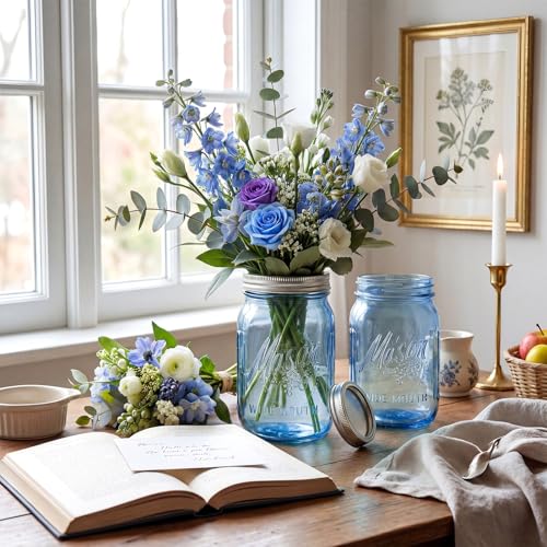 SUT Blue Wide Mouth Mason Jars 32 oz,9 Pack Glass Jars with Airtight lid, Canning jars for Preserving, Jam, Honey, Jelly, Wedding Favors, Sauces, Meal Prep, Overnight Oats, Salad - color: Blue