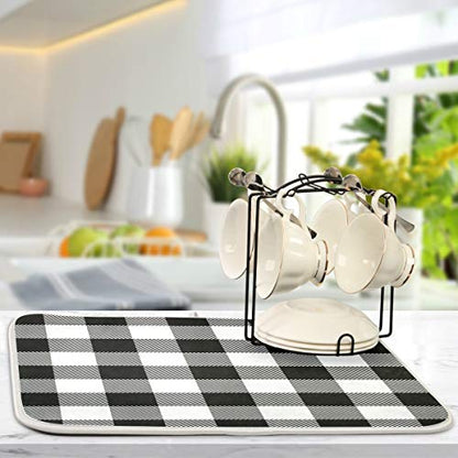 White and Black Buffalo Plaid Dish Drying Mat 16x18 for Kitchen Classic Buffalo Check Dishes Pad Dish Drainer Rack Mats Absorbent Fast Dry Kitchen Accessories - size: 16x18(in)x1