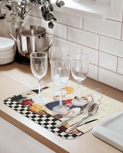 Dish Drying Mat for Kitchen Counter,Smiling Chef Cheese Wine Absorbent Microfiber Drainer Rack Pad Retro Kitchen Art Quick Dry Mat for Sinks Dishes Utensils 16x18in,1 Pack - size: 16x18inx1pcs