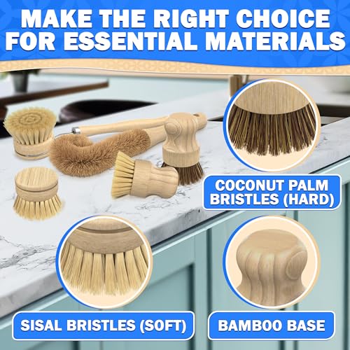 5 Pcs Bamboo Dish Brush Set, Non-Scratch Bristles, Replacement Head | Bamboo Dish Scrubber for Pots, Bottles & Vegetables; Soft for Delicate, Stiff for Stuck-On Messes; Bottle Brush Included