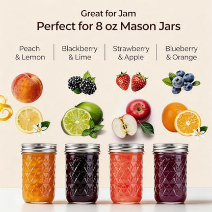Mason Jars 8 oz Regular Mouth 4 Pack,Food Grade Glass Canning Jars with Airtight Lids, BPA Free Reusable Jars with Free Brush & Stickers for Food Storage, Canning, Jam, DIY Gifts - size: 8 oz