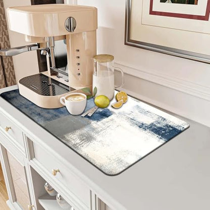 MCALK Blue Dish Drying Mat for Kitchen Counter, Grey Dish Drying Pad with Anti-Slip Rubber Base, Absorbent Kitchen Sink Mat with Abstract Art Decor (1 pc 18" x 16")