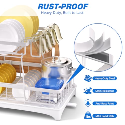 Godboat 2-Tier Dish Drying Rack - Dish Rack with Auto Drain-to-Sink & Mat | Dish Racks for Kitchen Counter, Dish Drainer with Knife Fork & Cup Rack, Gifts for Women, Mothers Day, Kitchen Gadgets, White - size: X-Large (2-Tier/White)