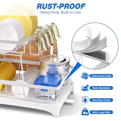 Godboat 2-Tier Dish Drying Rack - Dish Rack with Auto Drain-to-Sink & Mat | Dish Racks for Kitchen Counter, Dish Drainer with Knife Fork & Cup Rack, Gifts for Women, Mothers Day, Kitchen Gadgets, White - size: X-Large (2-Tier/White)