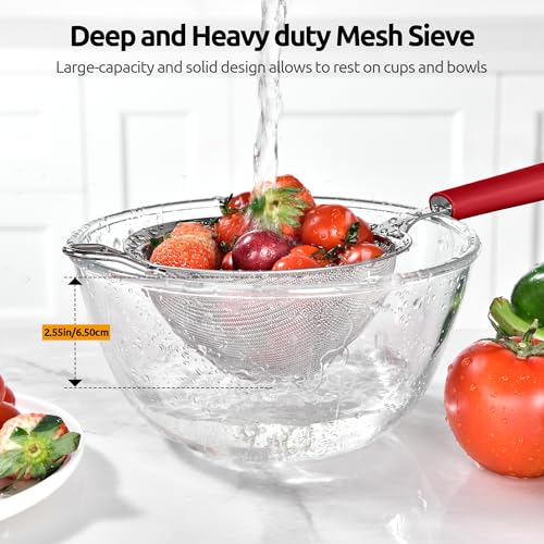 U-Taste Medium Fine Mesh Strainer: 18/8 Stainless Steel 4.73in 30 Mesh Kitchen Food Sieve with Sturdy Riveted Silicone Handle, Heavy Duty Deep Handheld Metal Colander for Rice, Quinoa, Flour (Red) - color: (4) Red, size: M-4.73in