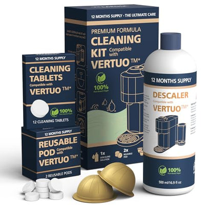 Descaling Kit Compatible with Nespresso Vertuo, 12 Month Supply-Includes 1 Bottle of Descaling Solution, 12 Cleaning Tablets & 2 Reusable Pods, Cleans Pod Area & Limescale, for Vertuoline