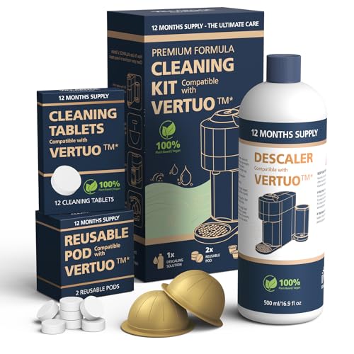Descaling Kit Compatible with Nespresso Vertuo, 12 Month Supply-Includes 1 Bottle of Descaling Solution, 12 Cleaning Tablets & 2 Reusable Pods, Cleans Pod Area & Limescale, for Vertuoline