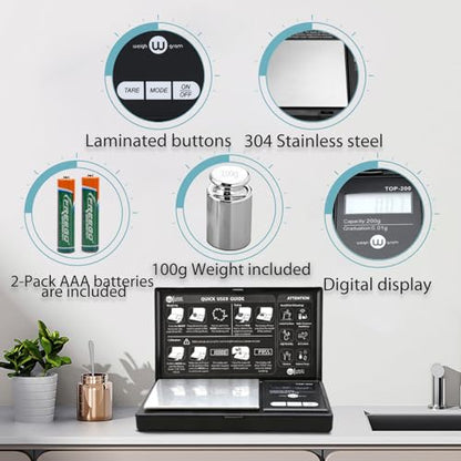 Weigh Gram 200g Digital Pocket Gram Scale 0.01g Accuracy, 200g x 0.01g Mini Digital Grams Scale, Small Food Scale, Jewelry Scale, Ounces Grains Scale With100g Calibration Weight - size: 200g / 0.01g (Model: TOP-100)
