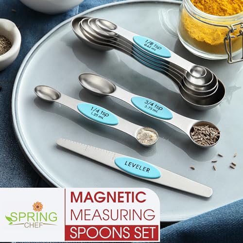 Spring Chef Stainless Steel Magnetic Measuring Spoons Set of 8 with Leveler, Metal Teaspoon & Tablespoon Measuring Spoons with Strong Magnets, Kitchen Gadgets for Baking & Cooking - 2 Pack - Aqua Sky - color: Blue (Aqua Sky), size: 2-Pack