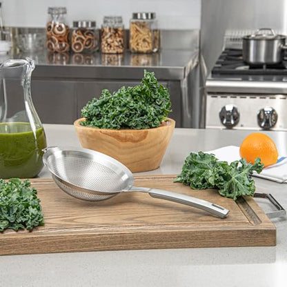 Restaurantware Fine Mesh Strainer - 1 Count - Met Lux 13.19" x 6.3" Stainless Steel Fine Mesh Sieve, Adjustable Tilt Strainer, Hanging Hole, Easy to Clean - Sieve For Flour and Juice - size: 13.25" x 6.25"