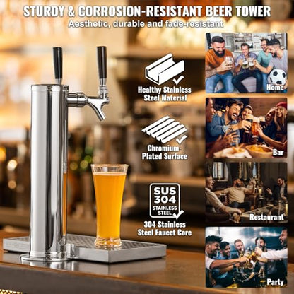 VEVOR Kegerator Tower Kit, Dual Taps Beer Conversion Kit, Stainless Steel Keg Beer Tower Dispenser with Dual Gauge CGA320 Regulator & D-System Keg Coupler, Beer Drip Tray for Party Home - style: Dual Taps