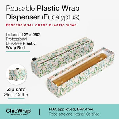 ChicWrap Eucalyptus Refillable Plastic Wrap Dispenser - One 12" x 250' Roll of Professional Grade Plastic Wrap - BPA Free and Kosher Certified - Reusable Dispenser w/Slide Cutter - style: Eucalyptus