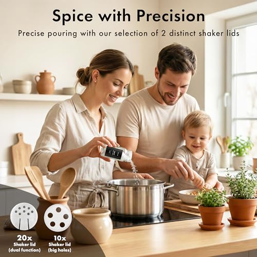 EDELHAUS Glass Spice Jars with Label, 24x Acacia Wooden Lids - Black Labels | Airtight acacia lids keep spices fresh; use as a spice organizer, seasoning containers or 4 oz jar set; funnel & 240 labels - color: Acacia Lid + Black Labels