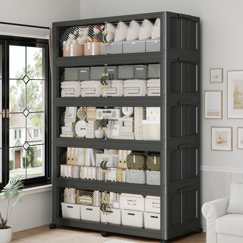 300Gal/1200QT 5-Tiers Extra Large Stackable Storage Bins with Lid, Collapsible Cabinet Closet Organizer Plastic Container Box with Wheels Doors Drawers for Office Dorm Kitchen, Black - color: Black, size: 60Gal-5Pack