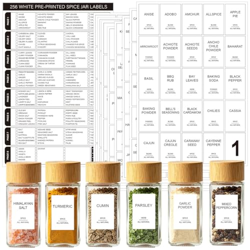 256 Spice Labels Minimalist Waterproof Spice Jar Stickers Removable Oil-Resistant Preprinted Spice with Blank Label for Kitchen Herb & Seasoning Labels Food Containers Organizers Storage Bins - color: White
