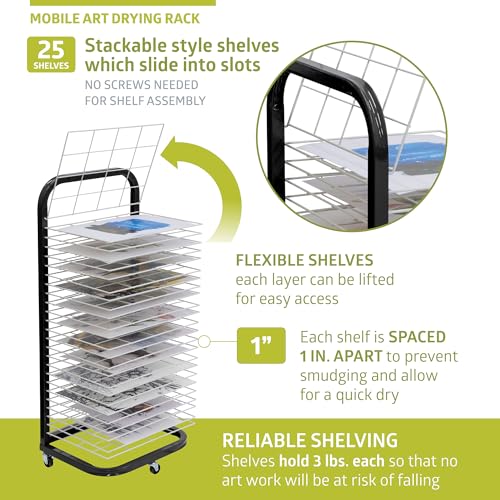 Pearington 25-Shelf Mobile/Wall Mountable Art Drying Rack for Art Studios & Classrooms, 13" D x 17.5" W x 39.4" H, Black/White - color: Black, size: 25 Shelves