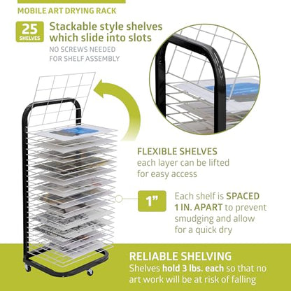 Pearington 25-Shelf Mobile/Wall Mountable Art Drying Rack for Art Studios & Classrooms, 13" D x 17.5" W x 39.4" H, Black/White - color: Black, size: 25 Shelves