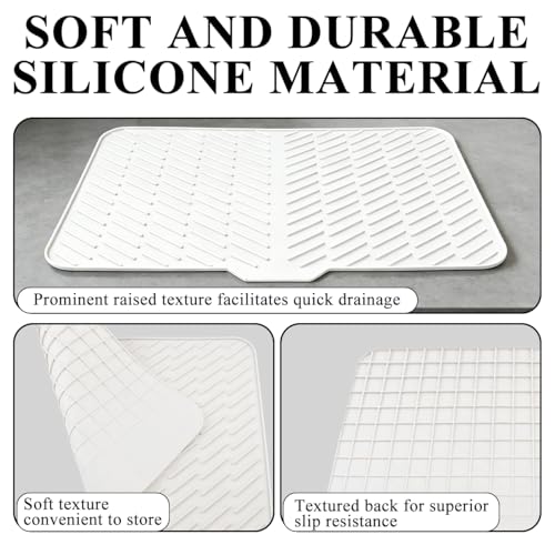 Silicone Dish Drying Mat for Kitchen Counter,23"X17" With Built-in Drain Lip,Food-Grade Silicone,Heat-Resistant Eco-friendly Hygienic Drying Mat Leak-Proof and Non-Slip,Multi-Functional Use（White） - color: White, size: 23" x 17"