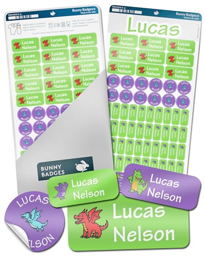 Bunny Badges Personalized Daycare Name Labels for Kids (130 Labels) - Custom Waterproof Name Stickers for Clothing Tags, Water Bottles, Lunch Boxes and School Supplies (Dragons) - color: Dragons