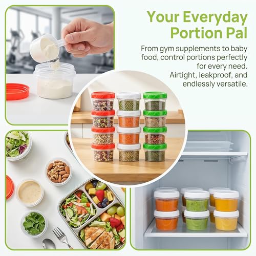 EONJOE 4oz Airtight Plastic Food Storage Containers with Lids, 12pcs | Dishwasher safe ,Freezer safe ,BPA free,Reusable,Round jars ,Perfect for salad dressing sauce lunch to go - size: 4oz