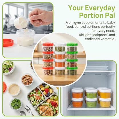 EONJOE 4oz Airtight Plastic Food Storage Containers with Lids, 12pcs | Dishwasher safe ,Freezer safe ,BPA free,Reusable,Round jars ,Perfect for salad dressing sauce lunch to go - size: 4oz