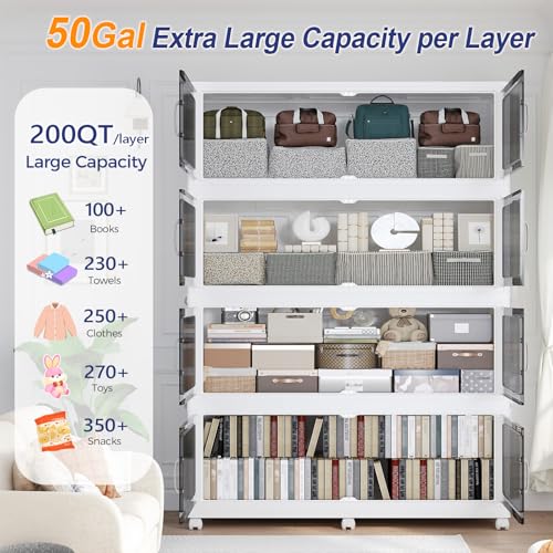 Extra Large Stackable Storage Bins with Lid, 200Gal/800QT Foldable Collapsible Storage Box with Doors, Wheels and Drawers, Plastic Closet Organizer Container for Kitchen, Bedroom, Dorm, 4Pack - size: 50Gal-4Pack