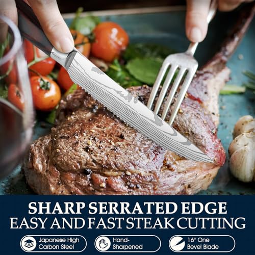 PURPLEBIRD Steak knives Set of 6, Serrated Steak Knife Set 4.5 Inch, Japanese High Carbon Steel Kitchen Steak Knife, Sharp Steak Knives with Wood Handle, Dinner Knife with Gift Box for Mom Dad - color: Red