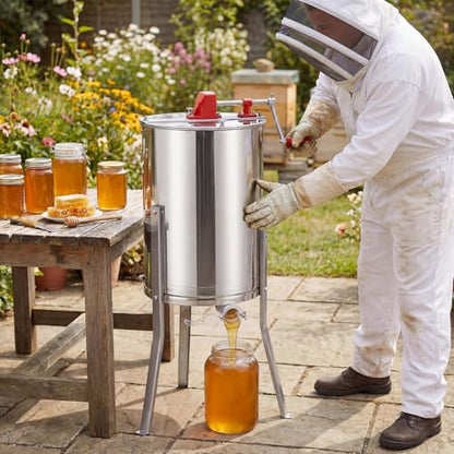 Goplus 3 Frame Honey Extractor, Stainless Steel Manual Honey Spinner with Bottom Gravity Flow Gate & Clear Lid, Honeycomb Drum Spinner, Adjustable Height Apiary Centrifuge Equipment for Home Apiary