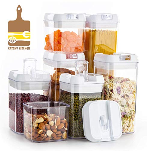 Airtight Food Storage Container Set, 7 Pieces Clear plastic cereal Canisters, easy lock Lids, kitchen pantry organization and storage, BPA free plastic, Included 24 labels & Marker