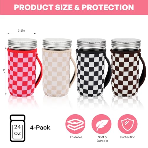 KJQJLY 4 Pcs Mason Jars Sleeves Neoprene 24oz Regular and Wide Mouth Mason Jar Sleeves Holder with Handle (Checkered, 24 OZ) - color: Checkered, size: 24 OZ