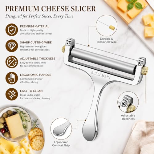 Bellemain Stainless Steel Wire Cheese Slicer with 2 Extra Wires – Handheld Cheese Cutter for Block Cheese, Adjustable Thick & Thin Slices for Cheddar, Gruyere, Raclette & Mozzarella (Silver) - color: Silver