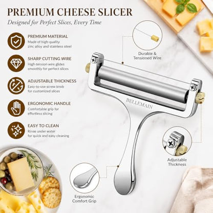 Bellemain Stainless Steel Wire Cheese Slicer with 2 Extra Wires – Handheld Cheese Cutter for Block Cheese, Adjustable Thick & Thin Slices for Cheddar, Gruyere, Raclette & Mozzarella (Silver) - color: Silver