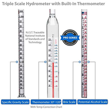Thermo-Hydrometer ABV Tester Kit Triple Scale for Beer/Wine - Pro Series American-Made Specific Gravity Hydrometer with Thermometer Temperature Correction, N.I.S.T Traceable (KIT) - size: Kit