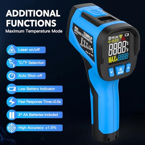 Infrared Thermometer Temperature Gun - TEMIRUP Non-Contact Digital Laser Thermometer Temp Gun with Thermocouple Probe for Industrial, Cooking, Griddle, Engine, HVAC, Adjustable Emissivity,-40℉~1202℉ - color: Blue -40℉~1202℉(-40℃~650℃)